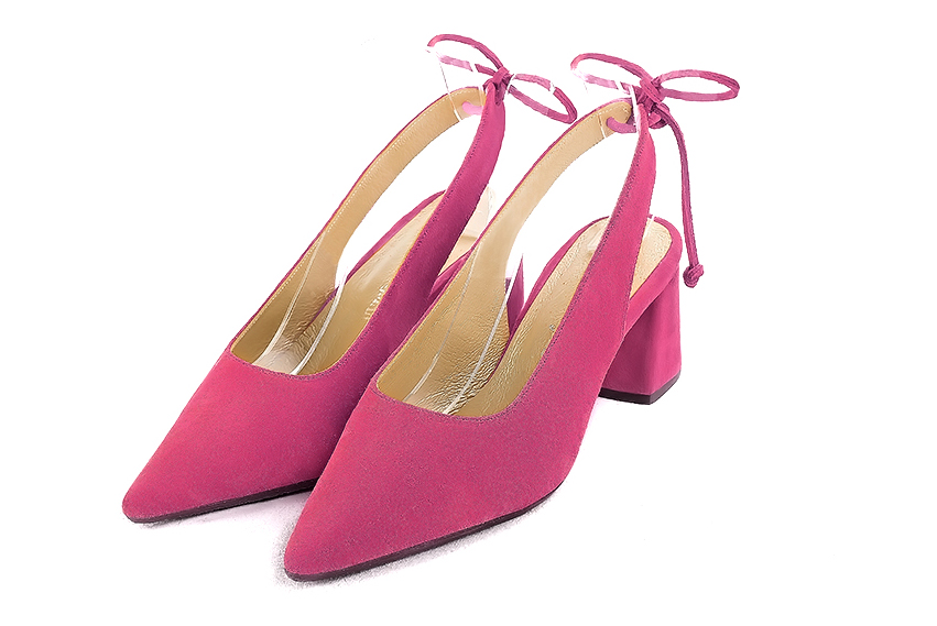Dress slingback heels in fuchsia pink leather with medium flare heels and pointed toe - Front view